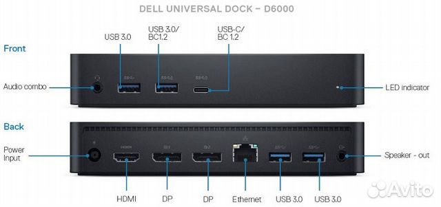 Док-станция Dell Universal Dock D6000 +2 DP кабеля Док-станция Dell Universal Dock D6000 +2 DP кабеля