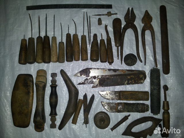 set of antique cobbler tools and materialise inherited from his grandfather...
