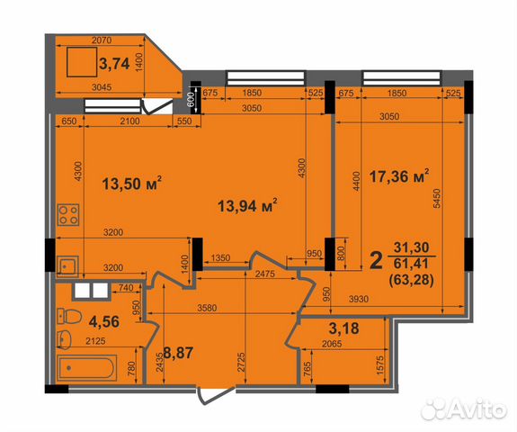 2-к квартира, 63.3 м², 3/17 эт.