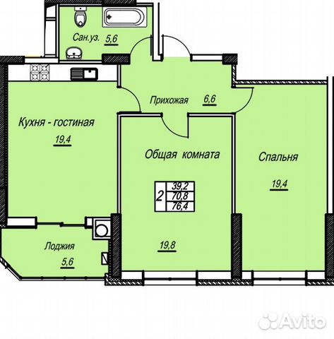 2-к квартира, 76.4 м², 2/12 эт.