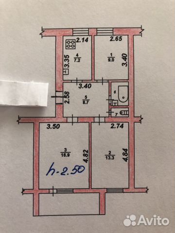 3-к квартира, 58.4 м², 3/5 эт.