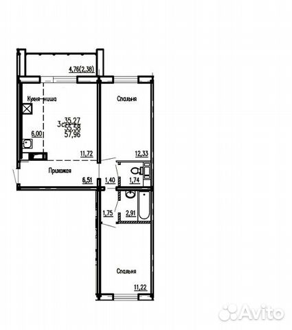2-к квартира, 57.5 м², 14/17 эт.