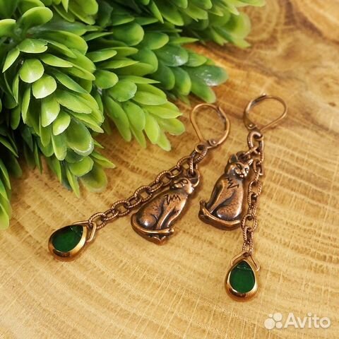Серьги Кошки Коты медные зеленые Серьги Кошки Коты медные зеленые
