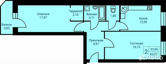 2-к квартира, 63.9 м², 2/9 эт.