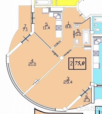 2-к квартира, 75 м², 2/5 эт.