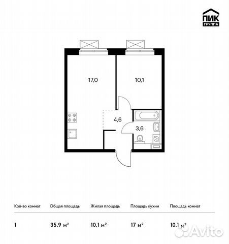 1-к квартира, 35.9 м², 9/17 эт. 1-к квартира, 35.9 м², 9/17 эт.