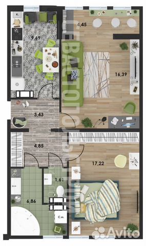 2-к квартира, 62.4 м², 3/10 эт.