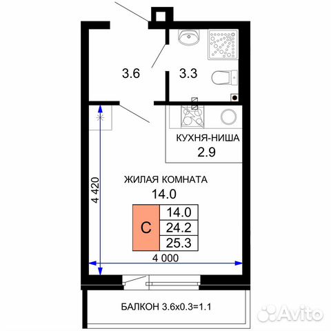 Студия, 25.3 м², 2/16 эт. Студия, 25.3 м², 2/16 эт.