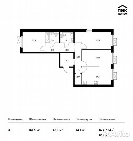 3-к квартира, 83.6 м², 16/16 эт.
