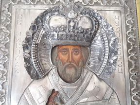 Икона св Николай,кованный оклад,серебро,84 проба