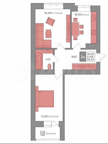 2-к. квартира, 59 м², 7/9 эт.