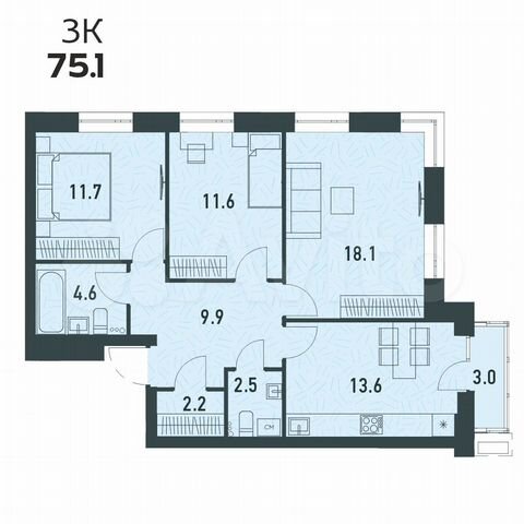 3-к. квартира, 75,1 м², 2/16 эт.