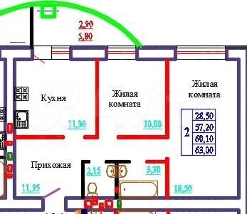 2-к. квартира, 60,1 м², 7/9 эт.