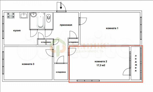 Комната 17,3 м² в 3-к., 2/5 эт.