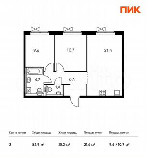 2-к квартира, 54.5 м², 16/16 эт.