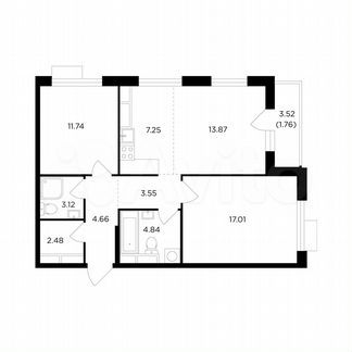 3-к квартира, 69.8 м², 7/26 эт.