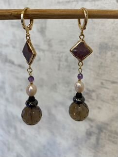 Авторские серьги с раухтопазом и жемчугом