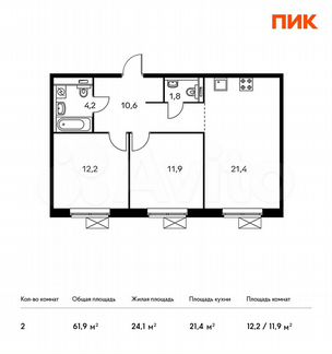 2-к квартира, 61.9 м², 4/16 эт.