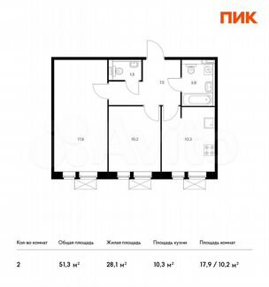 2-к квартира, 51.3 м², 6/9 эт.