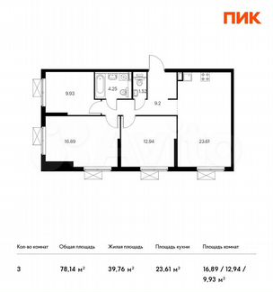 3-к квартира, 78.1 м², 15/33 эт.
